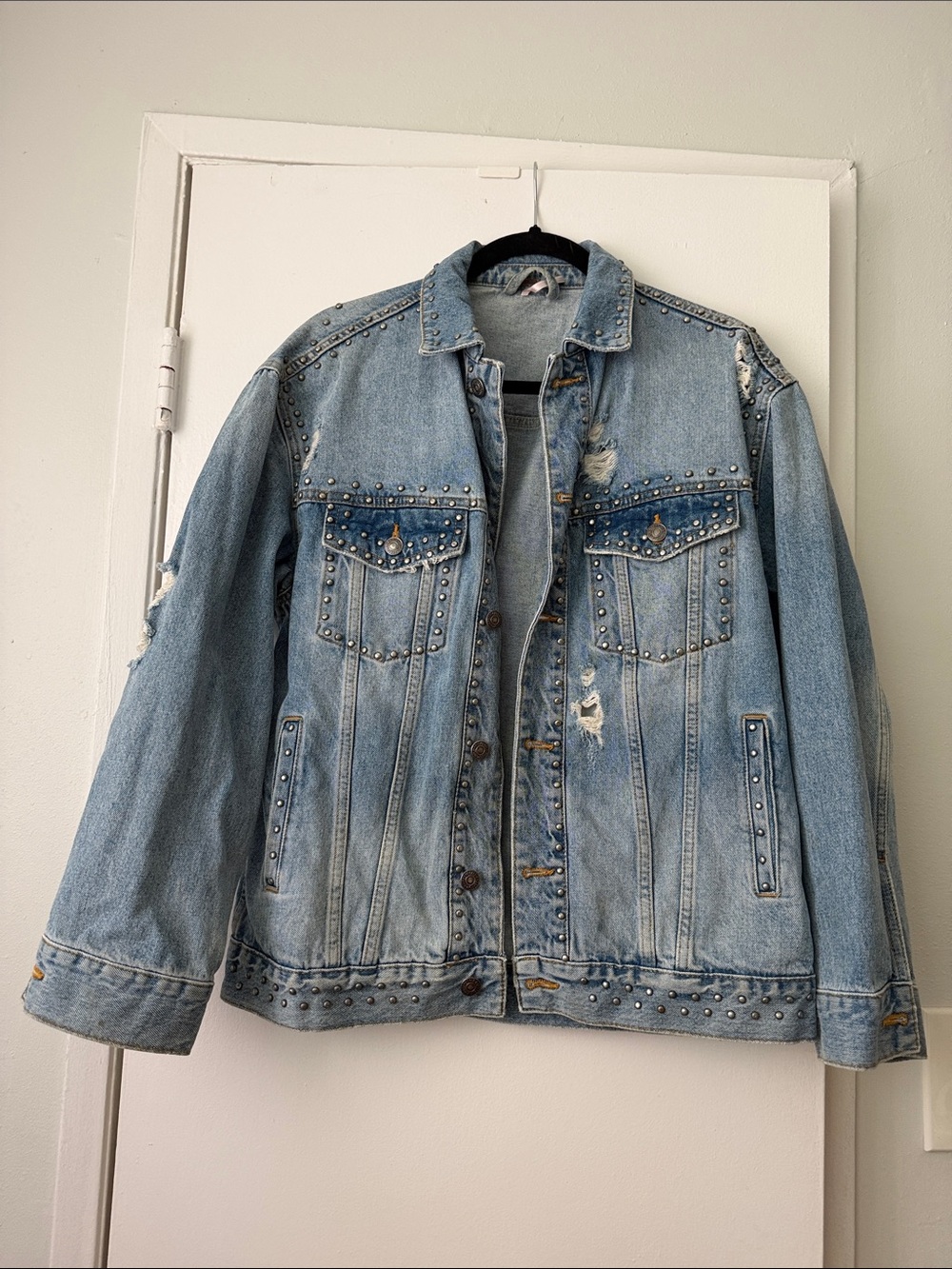 Free People Light Blue Studded Distressed Denim Jacket